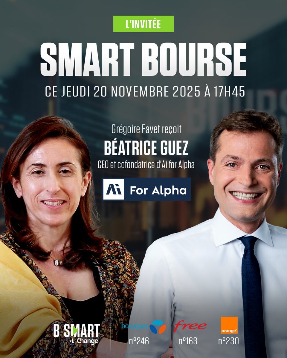 B_SMART_TV's tweet image. 📽 Béatrice Guez, CEO et co-fondatrice d'@AiForAlpha, lauréate du Trophée de la #FrenchTech✨ lors des Trophées de l'Innovation 2025 organisés par @LBPAM_COM et dont @B_SMART_TV  était partenaire, est l'invitée de @GregoireFavet dans SMART BOURSE ce jeudi 20 novembre

🗓