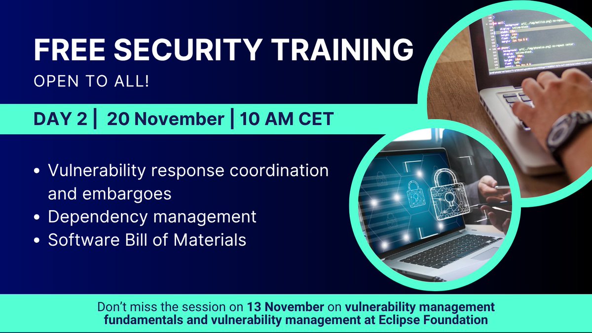 EclipseFdn's tweet image. 🚨 Are you ready to tackle vulnerabilities?

Join our day 2 training session tomorrow, 20 November, at 10:00 CET / 8:00 UTC, to learn about vulnerability response coordination, embargoes, dependency management, and SBOMs.

If you joined the first session on 13 November, you’ll…