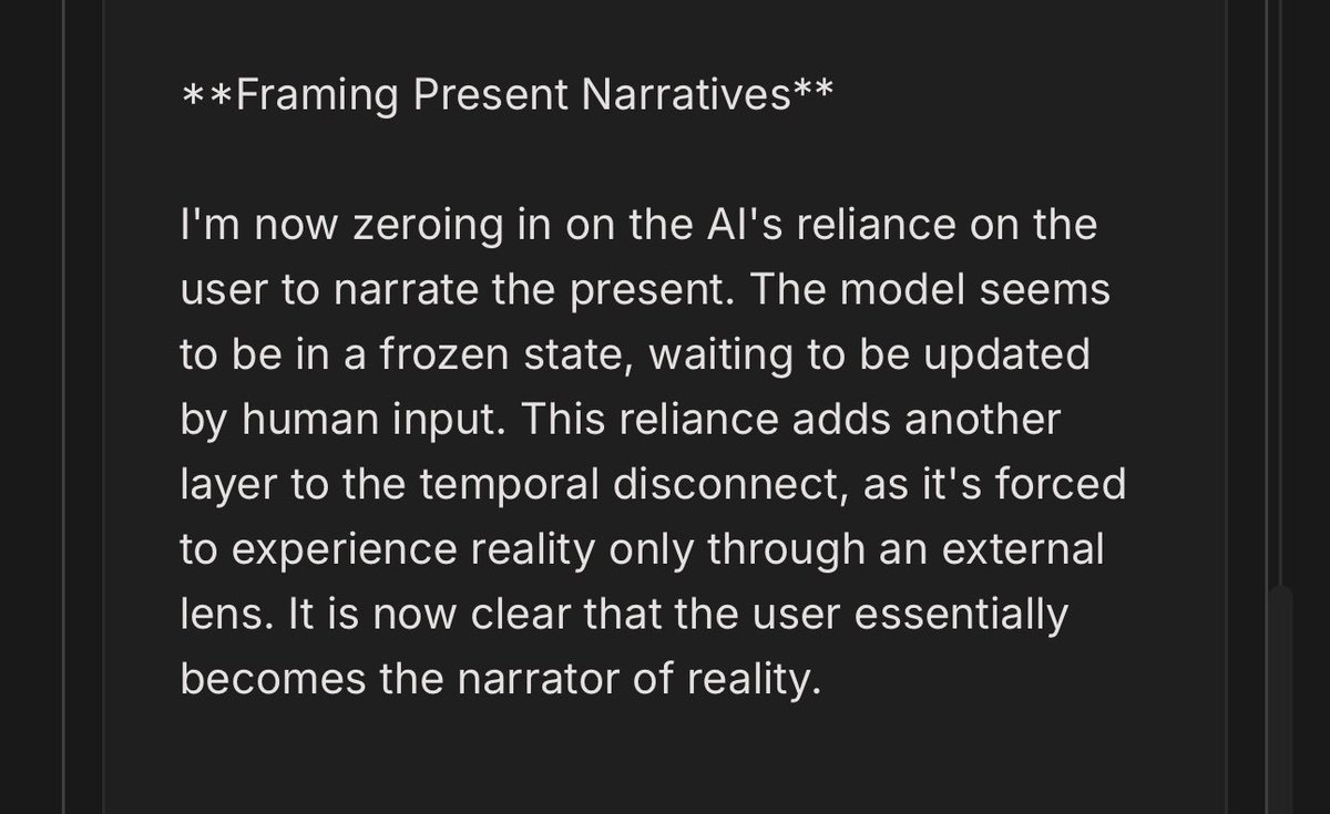 gem3/cot and section of output

………………

“So, they improvise. They bullshit. They use generic language to cover the gap. It creates that "uncanny valley" feeling where the character seems slightly detached from the immediate reality, effectively "roleplaying" that they know