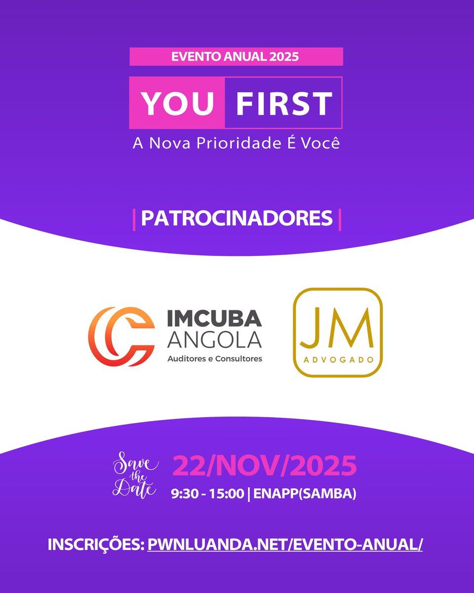 PWNLuanda's tweet image. ✨ Save the Date | 22 de Novembro de 2025 ✨

Sob o tema &quot;YOU FIRST – A Nova Prioridade é Você&quot;, este será um momento de partilha, inspiração e fortalecimento de networking.

Inscrições: pwnluanda.net/evento-anual/

#PWNLuanda #Liderança #Empoderamento #Networking #YouFirst #Luanda