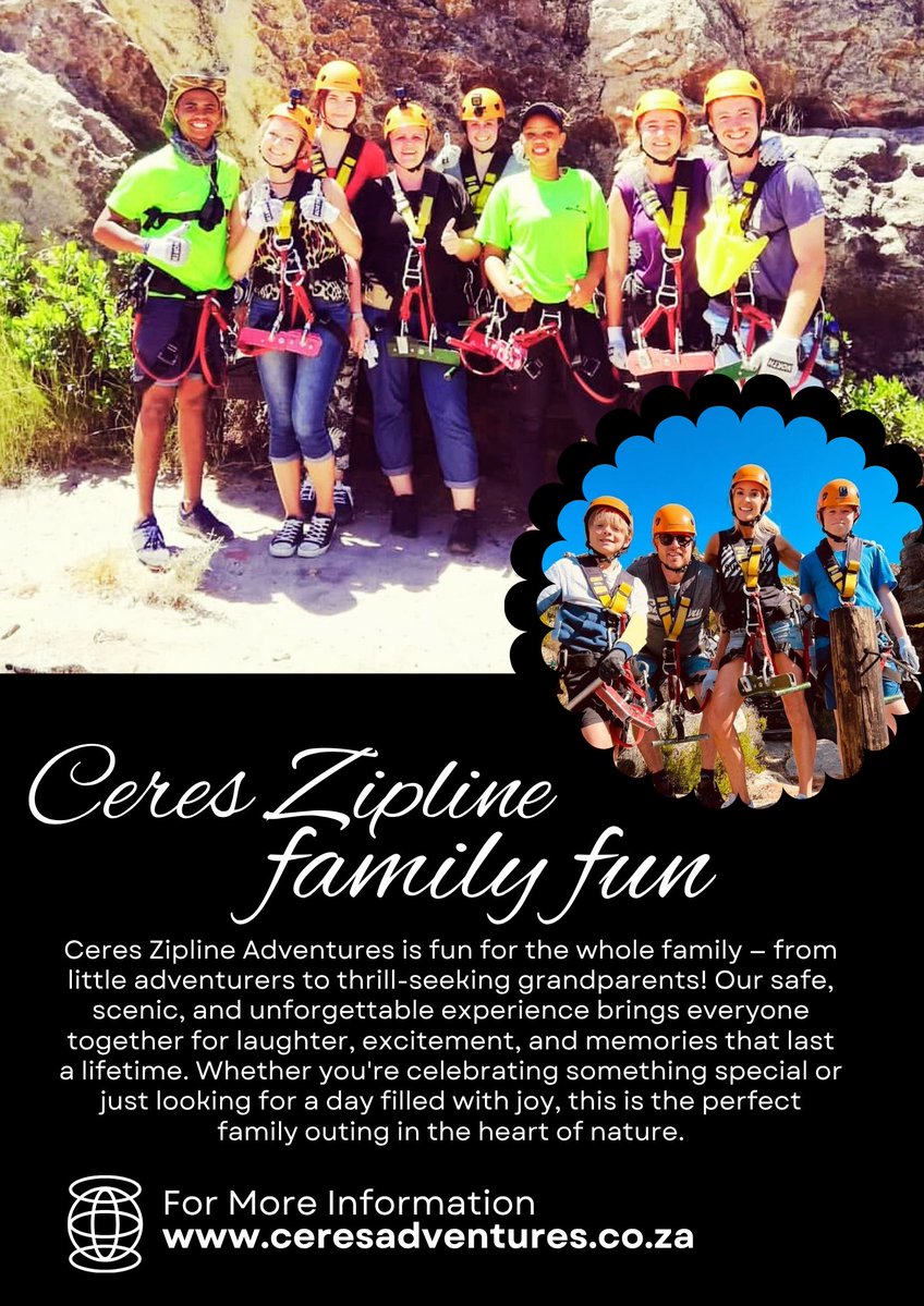 ziplinesceres's tweet image. Family fun starts here! 🌄✨
Big smiles, tiny thrills, and unforgettable moments — bring the whole crew and zip your way through adventure together! 💛
📅 Book now: ceresadventures.co.za
📞 Call/WhatsApp: 079 245 0354
#FamilyFun #CeresZiplines #AdventureForAll #BringTheFamily