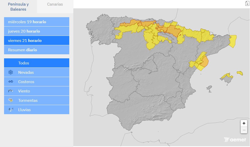 Y fijaos en una cosa. AEMET no ha emitido ningún aviso rojo por nevadas. De hecho es que para hoy no hay avisos de NINGÚN tipo!!!! Y en los dos días siguientes ni siquiera pasan de naranja🟠 Repetimos: hoy NO hay avisos porque no se espera se superen los umbrales por nevadas.