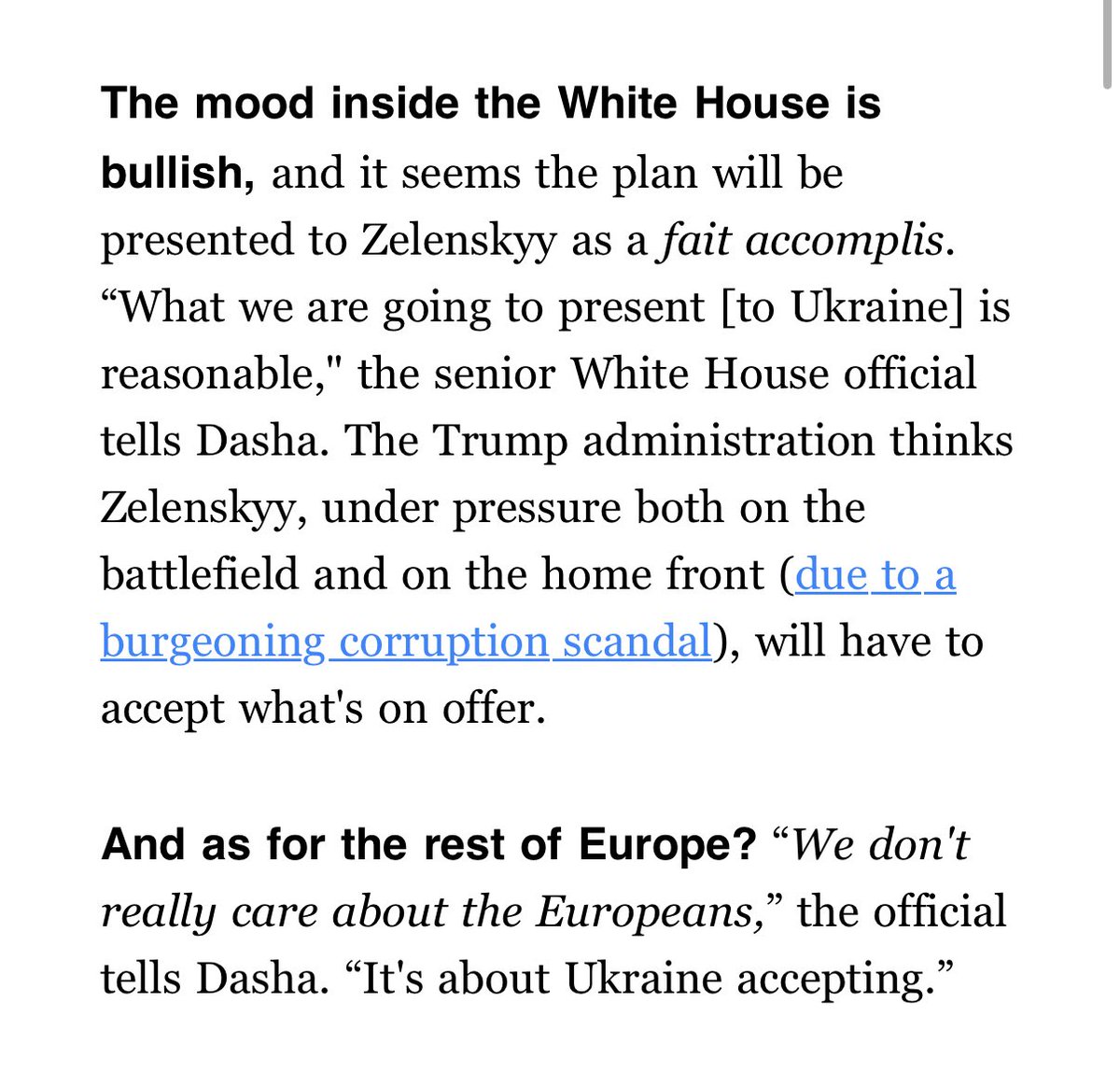 DashaBurns's tweet image. NEW: A senior White House official tells me a peace agreement between Russia and Ukraine could come as soon “as soon as this week” and likely by the end of the month. 

They believe Ukraine is in a position to accept a deal Witkoff has hammered out with Russia (according to…