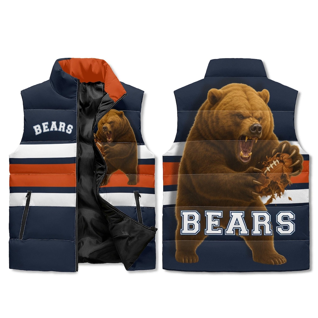 customitize's tweet image. AOP Puffer Vest - Fierce Bear Football Graphic - Navy Orange Stripes - Unisex Zip - BEARS by CustomitizeMe: 99.95 USD 🔥 Design Highlights • Navy base with bold… dlvr.it/TPLqRt #BearPufferVest #FootballFashion #StreetwearStyle #UnisexFashion #CustomClothing