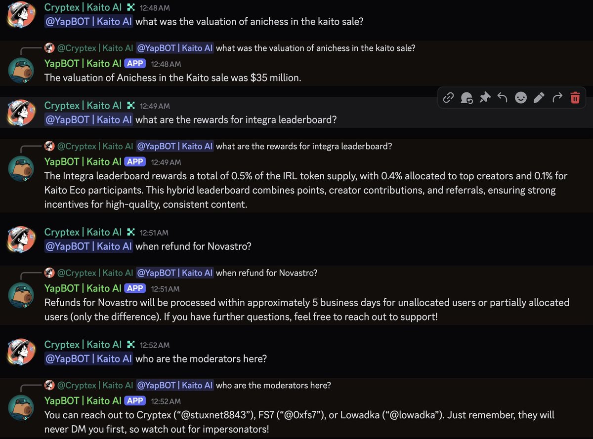 Kaito AI Discord에서 YapBot이 응답을 시연하는 모습