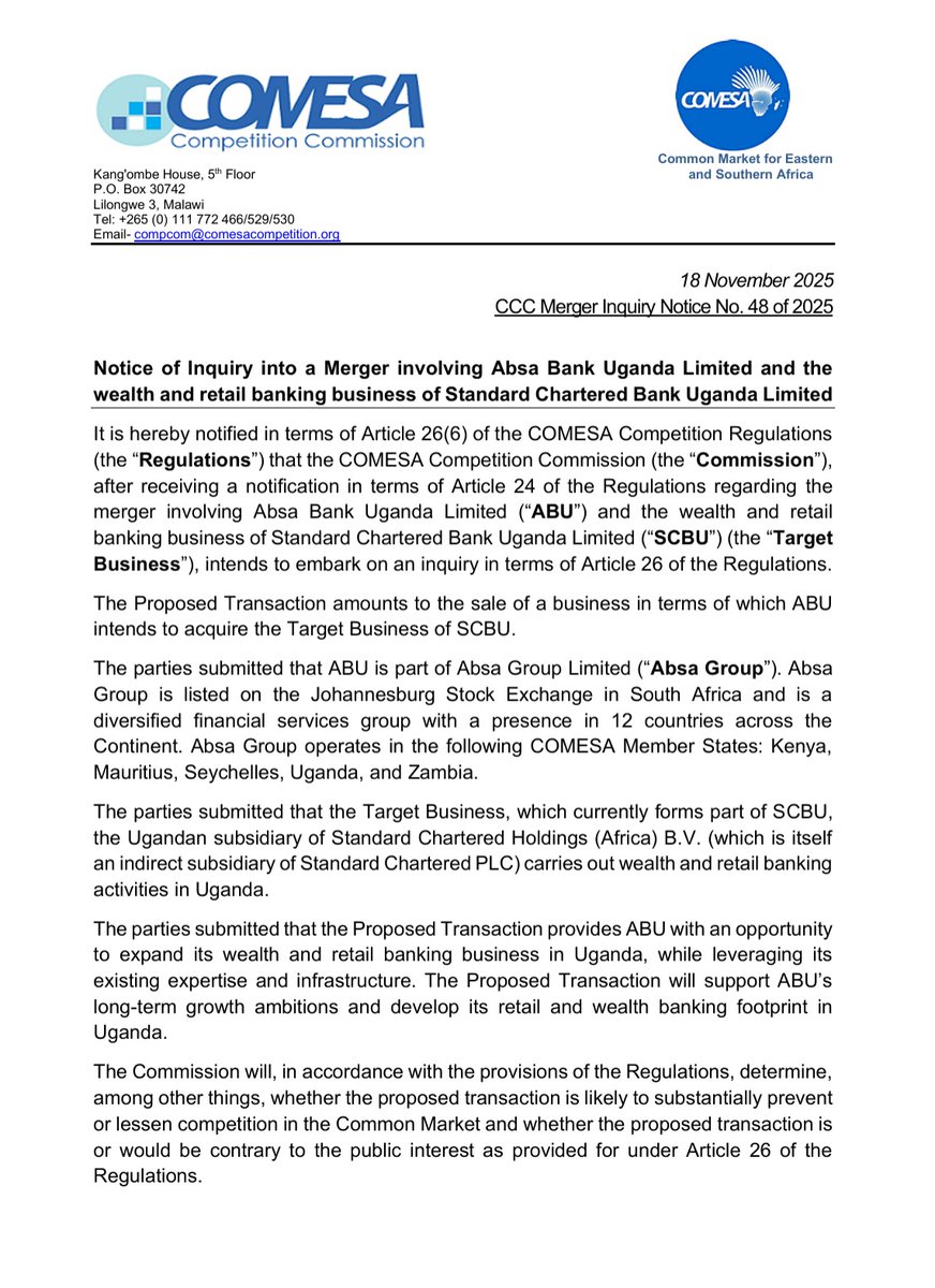 CCC_COMESA's tweet image. #callforsubmissions by #9December2025 #Banking #BankingSolutions 

#CCC has published a #NoticeofInquiry into a Merger involving Absa Bank Uganda Limited and the wealth and retail banking business of Standard Chartered Bank Uganda Limited. This notice is to all interested…