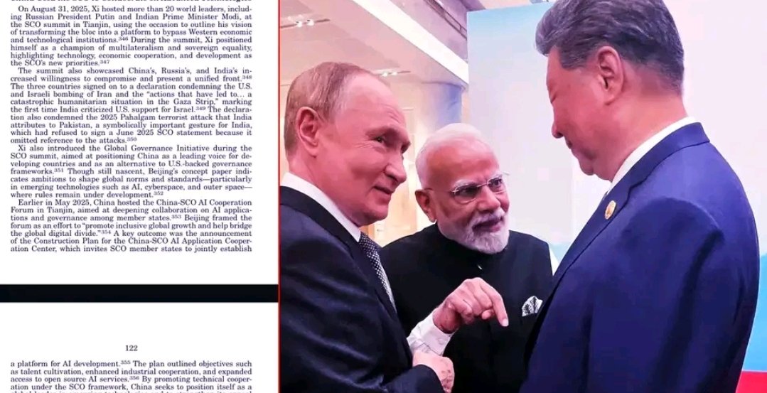 Shabkhan28's tweet image. अमेरिकी संसदीय आयोग की सालाना रिपोर्ट में इस साल चीन में हुए एससीओ शिखर सम्मेलन का जिक्र किया गया है। इसमें प्रधानमंत्री नरेन्द्र

 मोदी, चीनी राष्ट्रपति शी जिनपिंग और रूस के राष्ट्रपति व्लादिमीर पुतिन की मुलाकात का जिक्र किया गया है।
#America #Jinping #NarendraModi