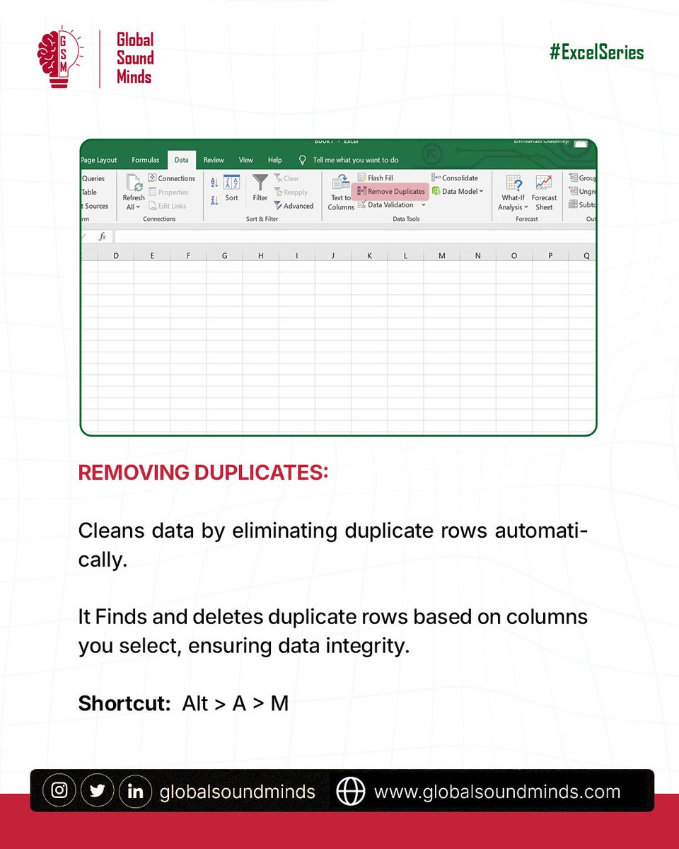 GlobalSoundMind's tweet image. The Remove Duplicates button finds and deletes duplicate entries, 

You might be making decisions on flawed data without even knowing it!
It can be used to clean your data and make it error free. 

Have you used the remove duplicate button before  ? 
.
#ExcelTips #DataCleaning