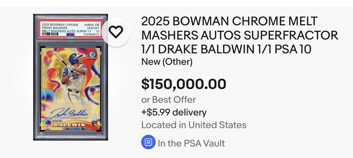 BornOn3rdBase42's tweet image. Drake Baldwin won ROTY and the seller doubled the card from $85,000 to $150,000.   Like what’s even the point? Ohtani rookie autos don’t go for that much.