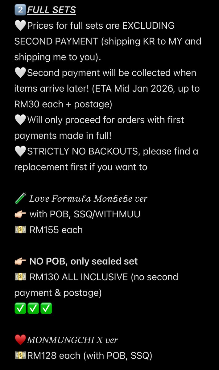 Updated slots! Please refer here 💜

🆕 Love Formula Monbebe Ver 🧪 
full set (sealed) RM130 only, no second payment and no postage!

DM if interested 😍🫶🏻

#pasarmx #pasarmonstax