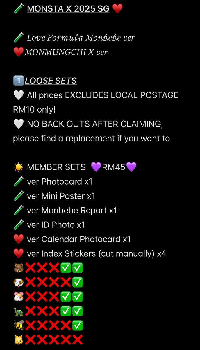 azlynalishaa's tweet photo. Updated slots! Please refer here 💜

🆕 Love Formula Monbebe Ver 🧪 
full set (sealed) RM130 only, no second payment and no postage!

DM if interested 😍🫶🏻

#pasarmx #pasarmonstax https://t.co/9Pe8aechLg