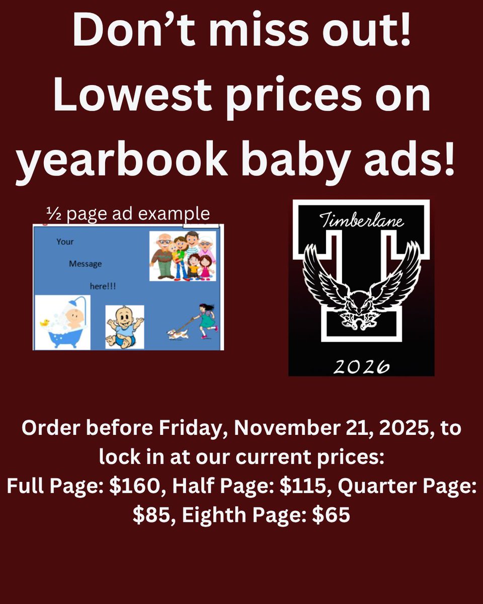 Celebrate your senior’s journey with a Baby Ad in the yearbook! This is a wonderful way to share your love, pride, and memories as your student prepares to graduate.

Order before this Friday November 21, 2025, to lock in our current prices:

👉 jostens.com/apps/store/ybA…