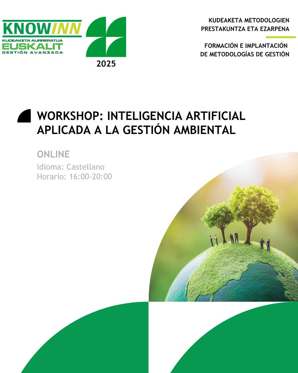 🤖 ¿Quieres descubrir cómo mejorar la eficiencia de tu organización mediante el uso sistemático de herramientas de inteligencia artificial en apoyo a la gestión ambiental? 

🎓 Apúntate al nuevo workshop #KnowInn, 𝗜𝗻𝘁𝗲𝗹𝗶𝗴𝗲𝗻𝗰𝗶𝗮 𝗔𝗿𝘁𝗶𝗳𝗶𝗰𝗶𝗮𝗹 𝗮𝗽𝗹𝗶𝗰𝗮𝗱𝗮 𝗮