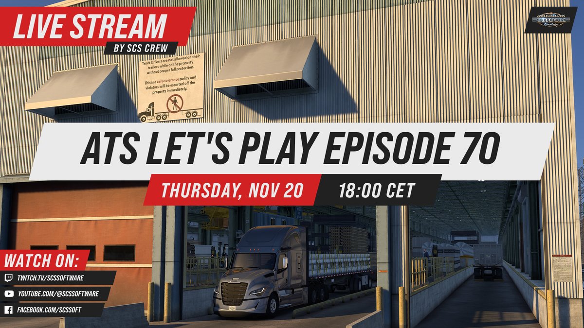 SCSsoftware's tweet image. Let&apos;s hit the road! 😍

Join us for Episode 70 of our American Truck Simulator let&apos;s play live stream series tomorrow from 6 PM CET! 🇺🇸

Watch along at 👇
🟣 Twitch.tv/SCSSoftware
🔴 YouTube.com/SCSSoftware
🔵 Facebook.com/SCSSoft