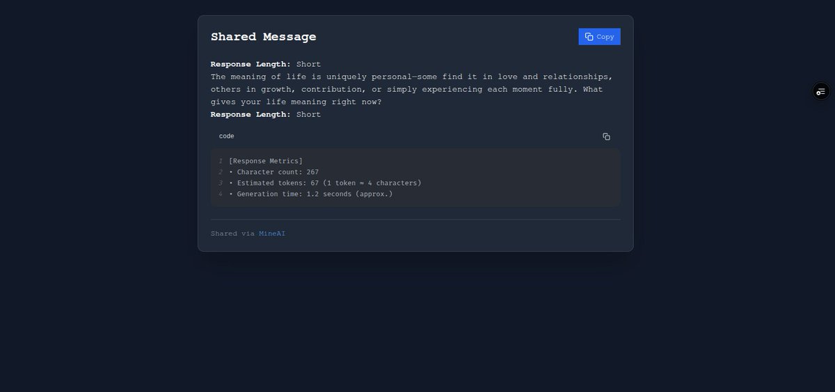 CoreMine0's tweet photo. Asked MineAI: ‘What’s the meaning of life?’
It got personal. 😅💬

Check the chat here: [https://t.co/exNOBD4Ec8]

Explore AI: https://t.co/8sWZzs0Gno https://t.co/lMP7lzf43d
