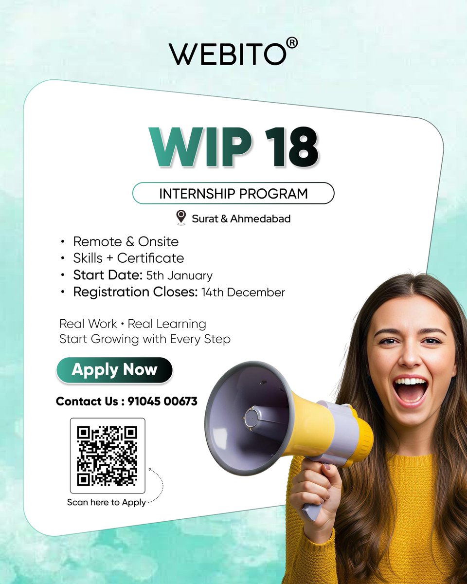 WebitoAI's tweet image. Unlock Your Potential with WIP 18

• Remote &amp;amp; Onsite
• Skills + Certificate
• Start Date: 5 Jan 
• Registration Closes: 14 Dec
• Apply Now: webito.keka.com/careers/jobdet…

#WIP18 #InternshipProgram #CareerGrowth #ApplyNow #RealLearning #WorkExperience