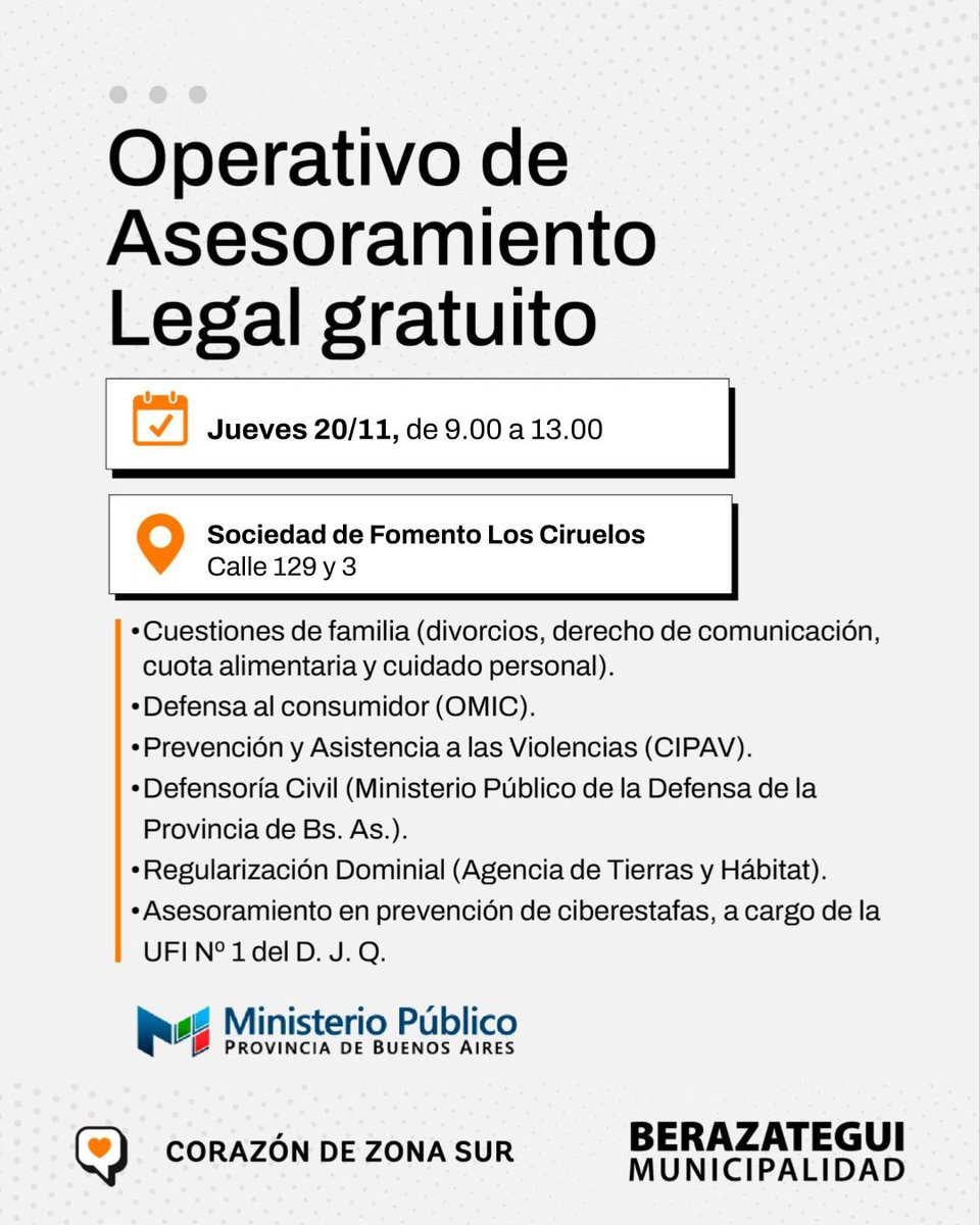 MuniBerazategui's tweet image. ¡Nueva Jornada de Asesoramiento Legal Gratuito! ⚖️
🗓️ Mañana (20/11), de 9.00 a 13.00 
📍Sociedad de Fomento Los Ciruelos (calle 129 y 3).
✅ Cuestiones de familia.
✅ Defensa al consumidor (OMIC).
✅ Prevención y Asistencia a las Violencias (CIPAV).
¡Y mucho más!
#Berazategui