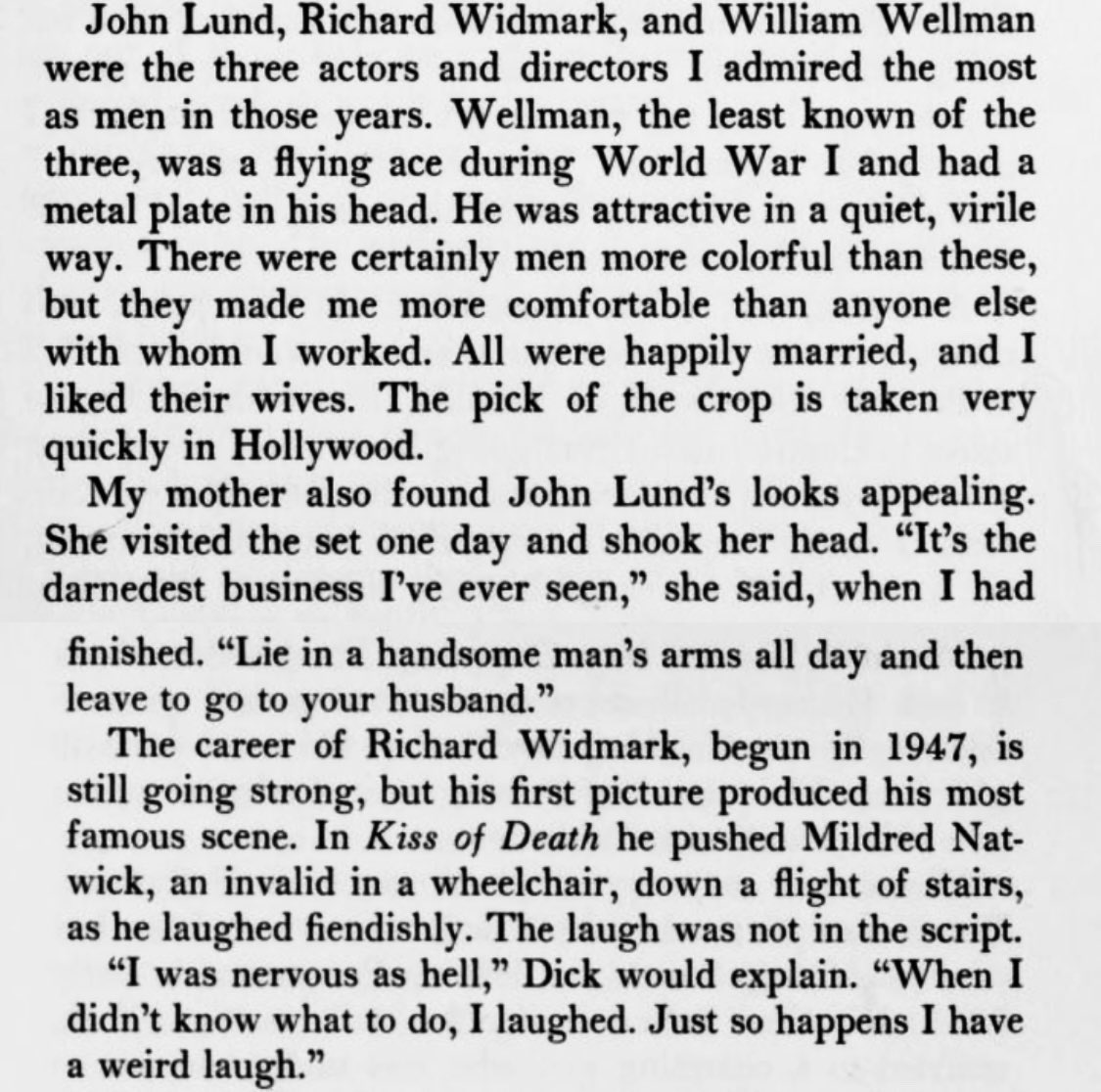 Gene Tierney’s birthday, so resharing this lovely passage from her memoir where she talks about the actors and directors she admired