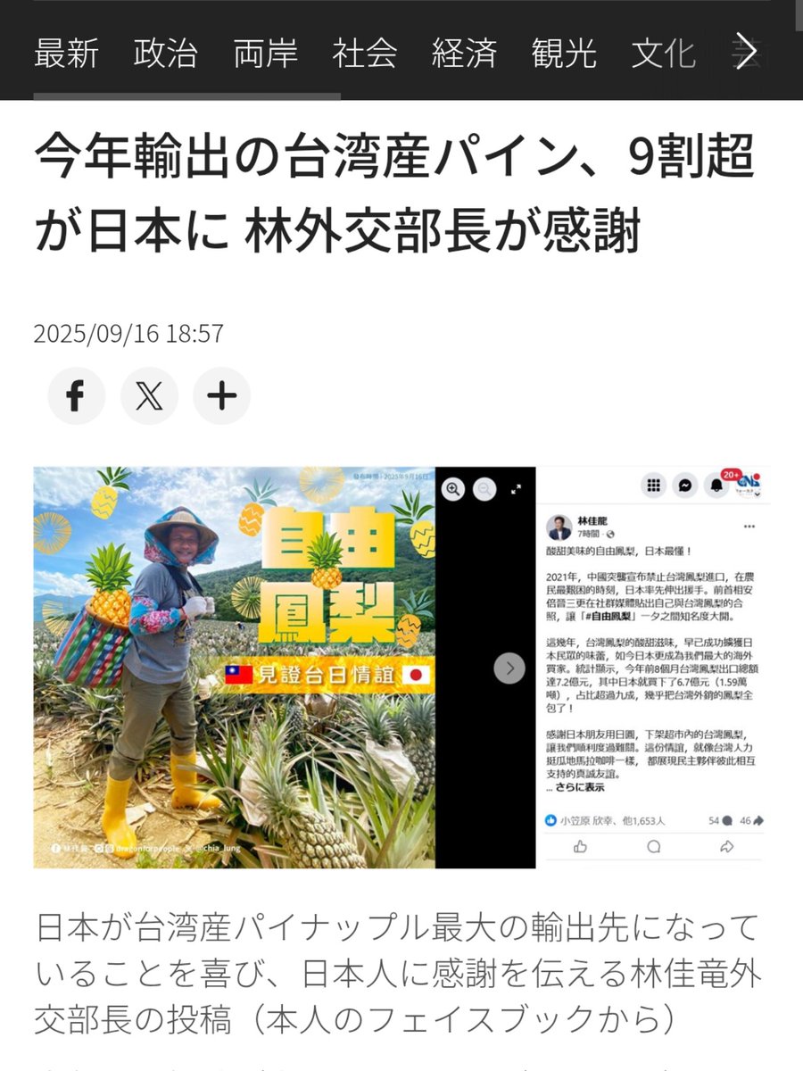shounantk's tweet image. 2021年、パイナップルの最大輸出先だった中国から禁輸措置を取られた台湾

その後、安倍元総理が台湾産パイナップルをSNSで紹介し、取り扱いが増加

味が日本人に好評で人気が定着、現在の輸出先の9割は日本となった

→中国の脅しが完全無効化

今回も色々やってるけど
脱中国の動きが加速するだけ…