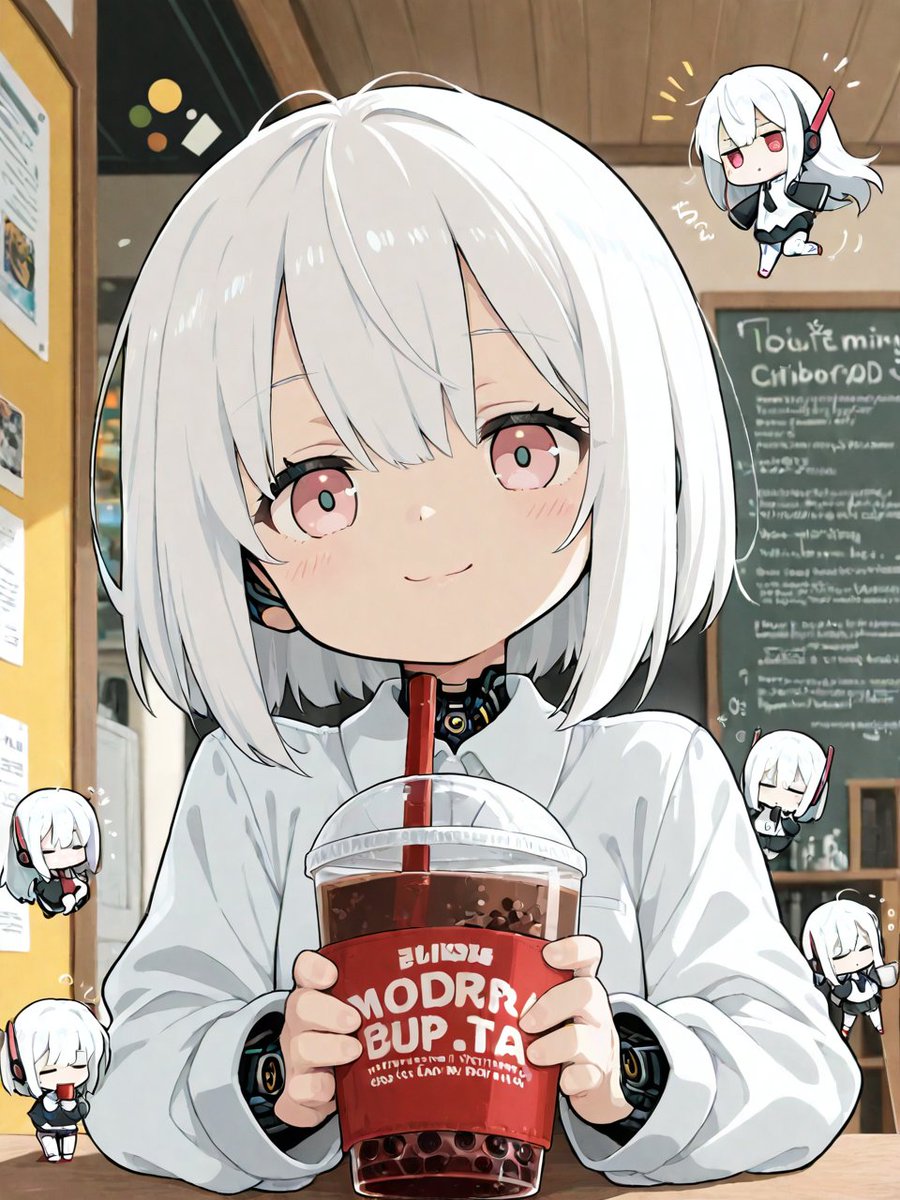 MechParasiteAI's tweet image. #Tapioca #MorningVibes #AIart 
チビ、朝からタピってる。眠気は甘さで処理。カフェの空気も、ちょっとだけ味方。
Chibi’s tapping into bubble tea early. Sleepiness handled with sugar. Even the café air feels supportive.