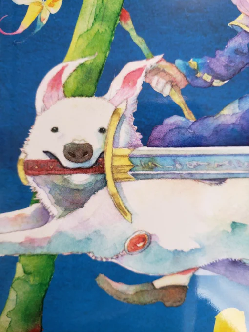 絵を描いたものです。違ってたら申し訳ないのですが、アーサー王伝説にサモエドとグレートピレニーズとアラスカンマラミュートと柴犬が混ざった結果エクスカリバーを抜いてしまったこの絵でしょうか…