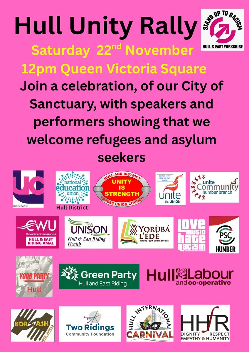 HullDockster's tweet image. Heads Up Hull!

Please join us for #Hull&apos;s Unity Rally #UnityRallyHull in Queen Victoria Square, Saturday 22nd November at 12pm.

The racist far-right are increasing in confidence. 

The good people of our city must turn out to demonstrate that these are our streets, not theirs.