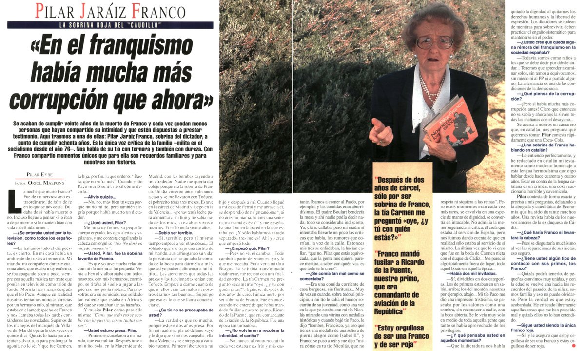 Alberto_Gayo's tweet photo. Ahora que la corrupción sigue de moda y que mañana hará 50 años que murió Franco, os dejo una entrevista de @pilareyre  a Pilar Jaraíz Franco, la sobrina roja del dictador. Socialista desde 1976, admite que en la dictadura los casos de corrupción no salían a la luz.
En #interviú https://t.co/Mdo6kIVgGl