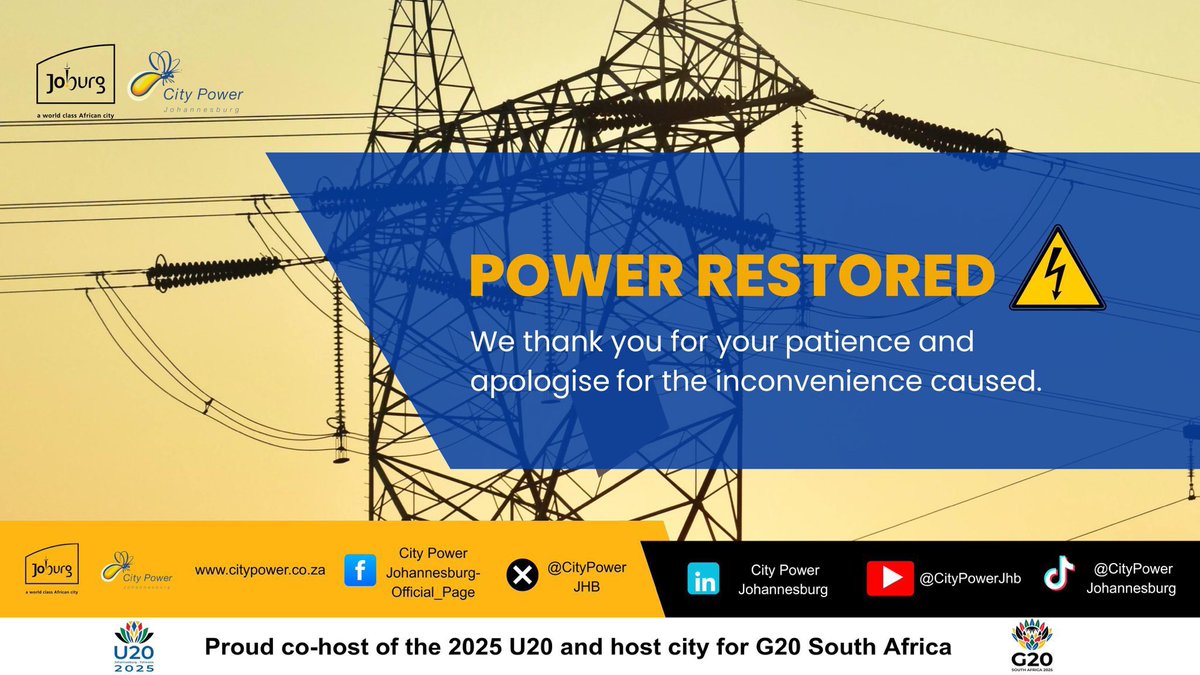 CityPowerJhb's tweet image. #CityPowerUpdates #AlexandraSDC

*Cydna Substation*
We are pleased to inform customers in Wynberg, Athol, Birnam, and the following streets; Oxford, Scott, and Homestead, as well as Corlette Drive, that the power supply is fully restored. 

The outage was reported yesterday due…