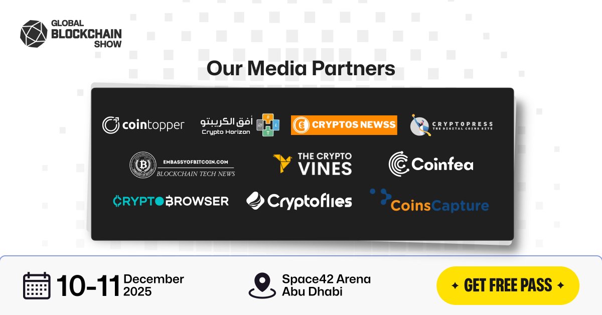 0xGBS's tweet image. We’re excited to welcome the following as official Media Partners of the Global Blockchain Show 2025!

CryptoBrowser @Crypto_Browser  
Crypto-Horizon @CryptoHorizon_ 
CoinTopper @CoinTopper   
Cryptopress @CryptoPress_ok  
Cryptoflies @Cryptoflies_  
CoinsCapture @CoinsCapture…