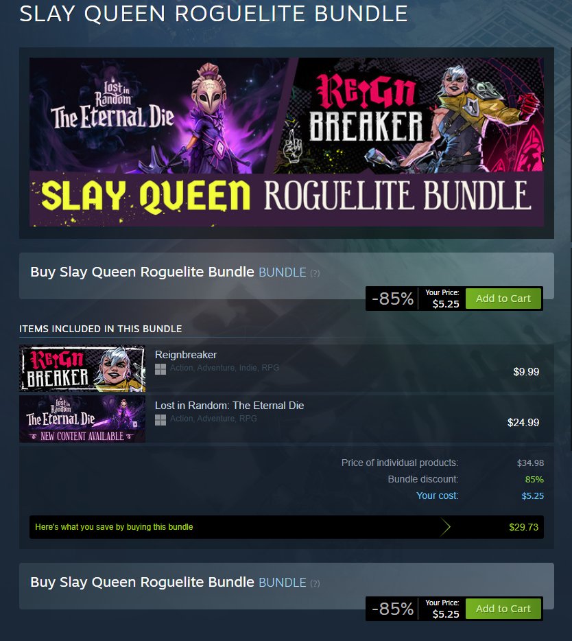 Wario64's tweet image. Lost in Random: The Eternal Die + Reignbreaker bundle is $5.25 on Steam (possible price error) buff.ly/bNYgC6h

Reignbreaker - $9.99
Lost in Random: The Eternal Die - $24.99