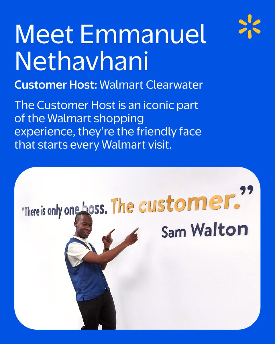 MassmartSA's tweet image. Meet 24-year-old Emmanuel Nethavhani (who speaks five of SA’s twelve official languages) and is the Customer Host at the @Walmart Clearwater store, making him the first-ever Walmart Customer Host on the African continent.