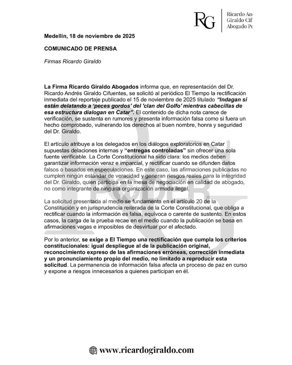 RevistaPODERcol's tweet image. La Firma @RicardoGiraldo_ exigió a @ELTIEMPO rectificar un artículo que, según afirma, contiene información falsa y sin pruebas, afectando el buen nombre y la seguridad del Dr. Giraldo. #RevistaPoder #NoticiasPoder #NoticiaNacional