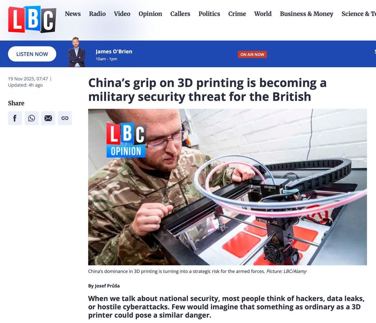 josefprusa's tweet image. I was asked to share my views on 3D printing as strategic industry for @LBC. Today, 3D printers are no longer just hobby tools - they build prototypes, medical devices, drones... 
The key question is: can we afford to use unsecure tech? ⤵️