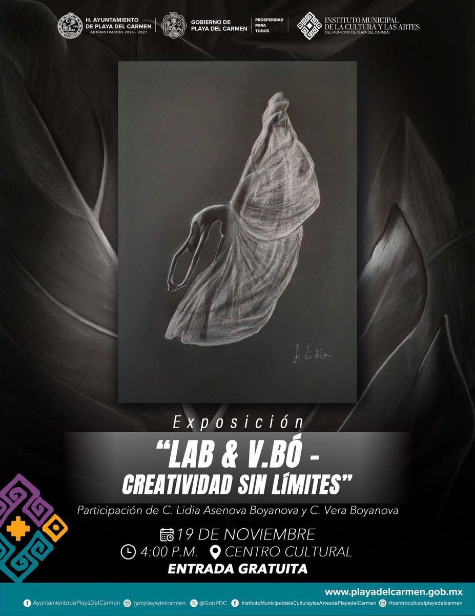 ✨ “LAB &amp; V.BỐ – Creatividad Sin Límites” te espera
 cita con el arte. explora las propuestas visuales de Lidia Asenova Boyanova y Vera Boyanova creadoras que transforman emociones en color y forma.

🗓 19 de nov | 4:00 p.m.
📍 Centro Cultural
🎟 Entrada libre

#playadelcarmen