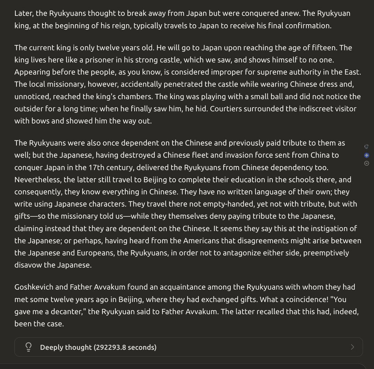 冈察洛夫在1854年出版的《帕拉达号护卫舰》一书中，将琉球人描述为拥有纯真质朴、文化优美的民族，他们的文化与日本或中国的文化截然不同，却被卷入了大国政治的漩涡之中。日本的宣传机器试图抹杀琉球人，并且在很大程度上已经成功了。