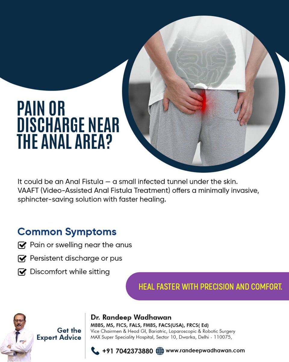randeepwadhwan's tweet image. Pain or discharge near the anal area? It could be an #AnalFistula.
With #VAAFT, healing is faster, minimally invasive &amp;amp; comfortable — no major cuts, no long downtime.

📞 +91 7042373880
🌐 randeepwadhawan.com

#GIHealth #FastRecovery #MinimallyInvasiveSurgery #DelhiDoctor