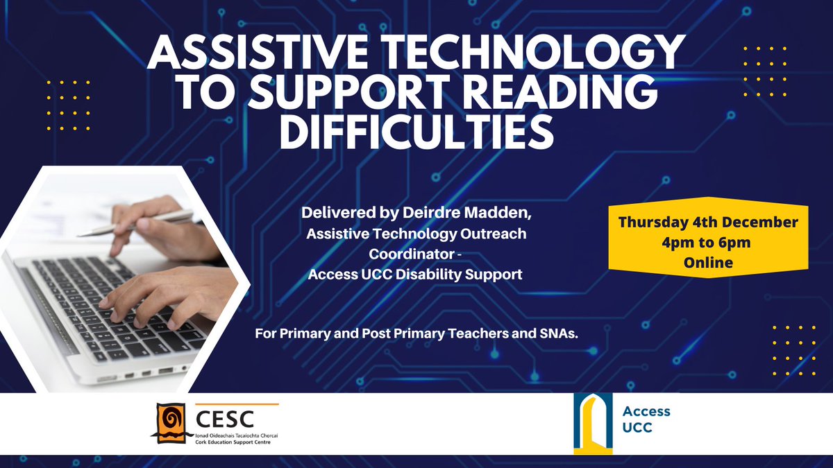 cork_cesc's tweet image. 📚 Support students with reading difficulties!
Join the online workshop Assistive Technology to Support Reading Difficulties for teachers &amp;amp; SNAs.

💻 Facilitated by Deirdre Madden, Access UCC

🔗Details and registration here: cesc.ie/cpd-courses/pr… #AssistiveTech #EdTech