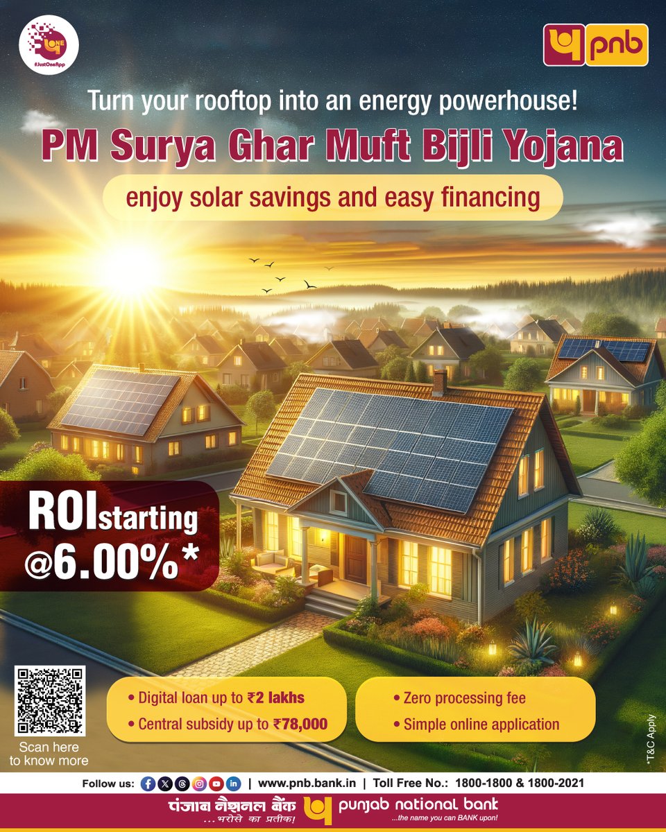 pnbindia's tweet image. Turn sunlight into savings!
Join the PM Surya Ghar Muft Bijli Yojana with PNB and make your rooftop your own powerhouse.

For more details, visit pnb.bank.in/SCHEME-FOR-FIN…

#PNB #PMSuryaGhar #MuftBijliYojana #RooftopSolar #SolarEnergy