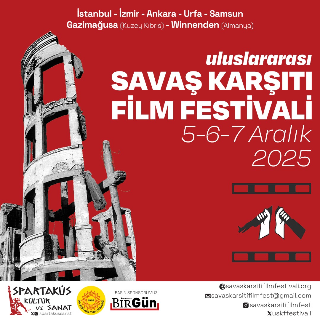 📌Savaş Karşıtı Film Festivali'nde buluşuyoruz! 
5-6-7 Aralık'ta Festival şehrine geliyor! 
Sen de olduğun şehirde bizimle iletişime geç! 
🔸️İstanbul
🔸️İzmir
🔸️Ankara
🔸️Urfa
🔸️Samsun
🔹️Gazimağusa (Kuzey Kıbrıs) 
🔹️Winnenden (Almanya)