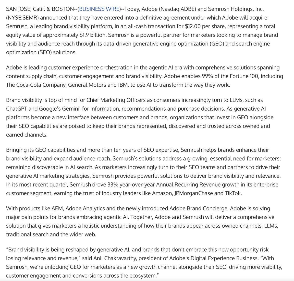 Adobe HAS acquired Semrush - it is official businesswire.com/news/home/2025…