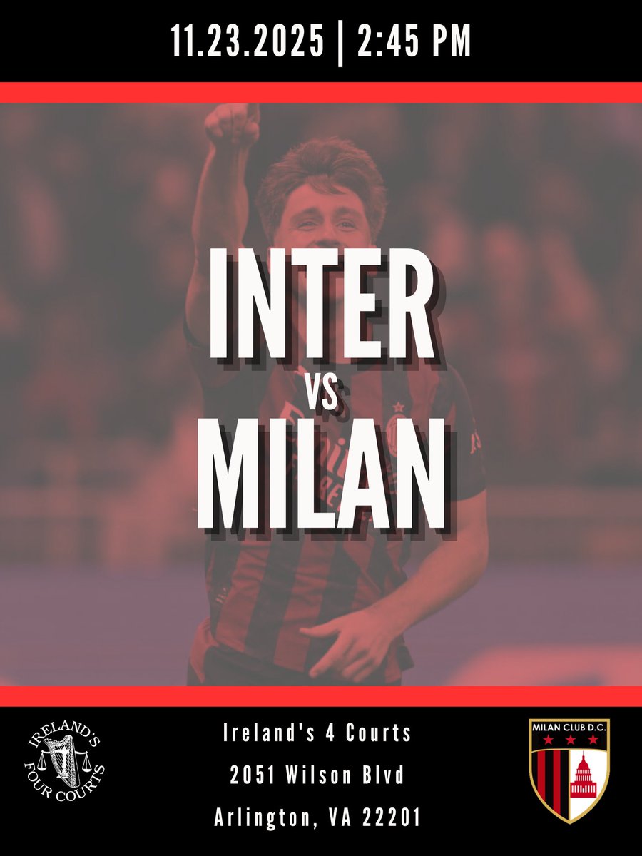 DC area Rossoneri come join us this Sunday at <a href="/irelands4courts/">Irelands Four Courts</a> for the Derby della Madonnina!!! Forza Milan from DC!!! 🔴⚫