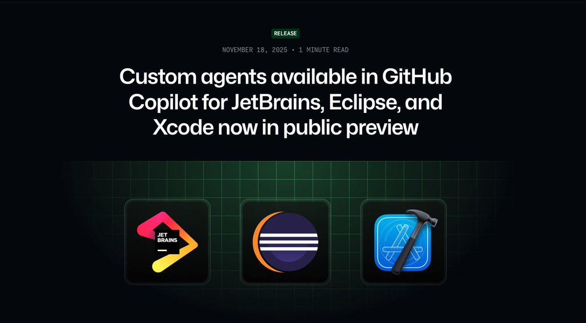jialuogan's tweet image. 🤖 Custom Agents in GitHub Copilot are now in public preview for JetBrains, Eclipse, and Xcode! Build tailored AI assistants to fit your workflow and boost productivity. Try this: 📷 github.blog/changelog/2025…

#GitHubCopilot #AI #DevTools #ignite