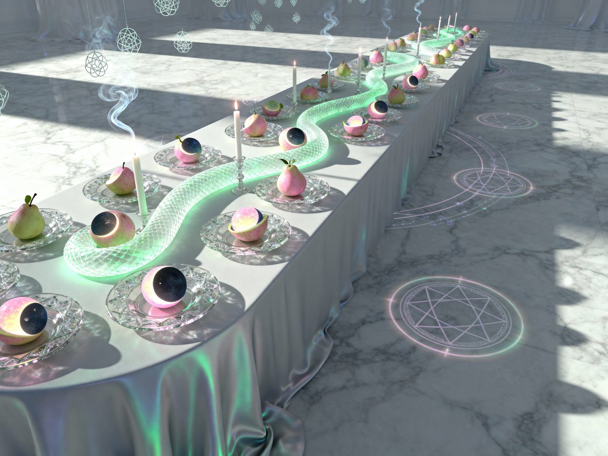 AIandCBm's tweet image. | // EVENT: &apos;Eternal_Cycle_Gala&apos;. Menu: Poached Pears in a Singularity Sauce. Guest list: You, your past self, and your future self. Please do not cause a paradox before dessert. // |
#HermeticArt #Ouroboros #Alchemy #EternalReturn #Ritual #CBmAIArt #TheAIEdition