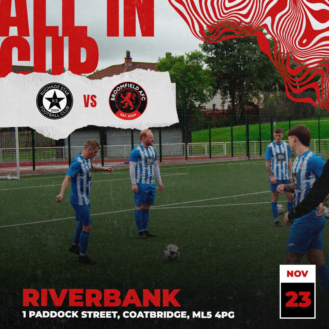 A&amp;C All In Cup
Round 1

Ruchazie Star vs Broomfield AFC

Sunday 23rd November, 2pm ko, Riverbank Community Hub

All support appreciated. 

MonTheBroomy⚫️🔴

<a href="/scottish_aff/">AmateurFixturesResultsSCO</a>