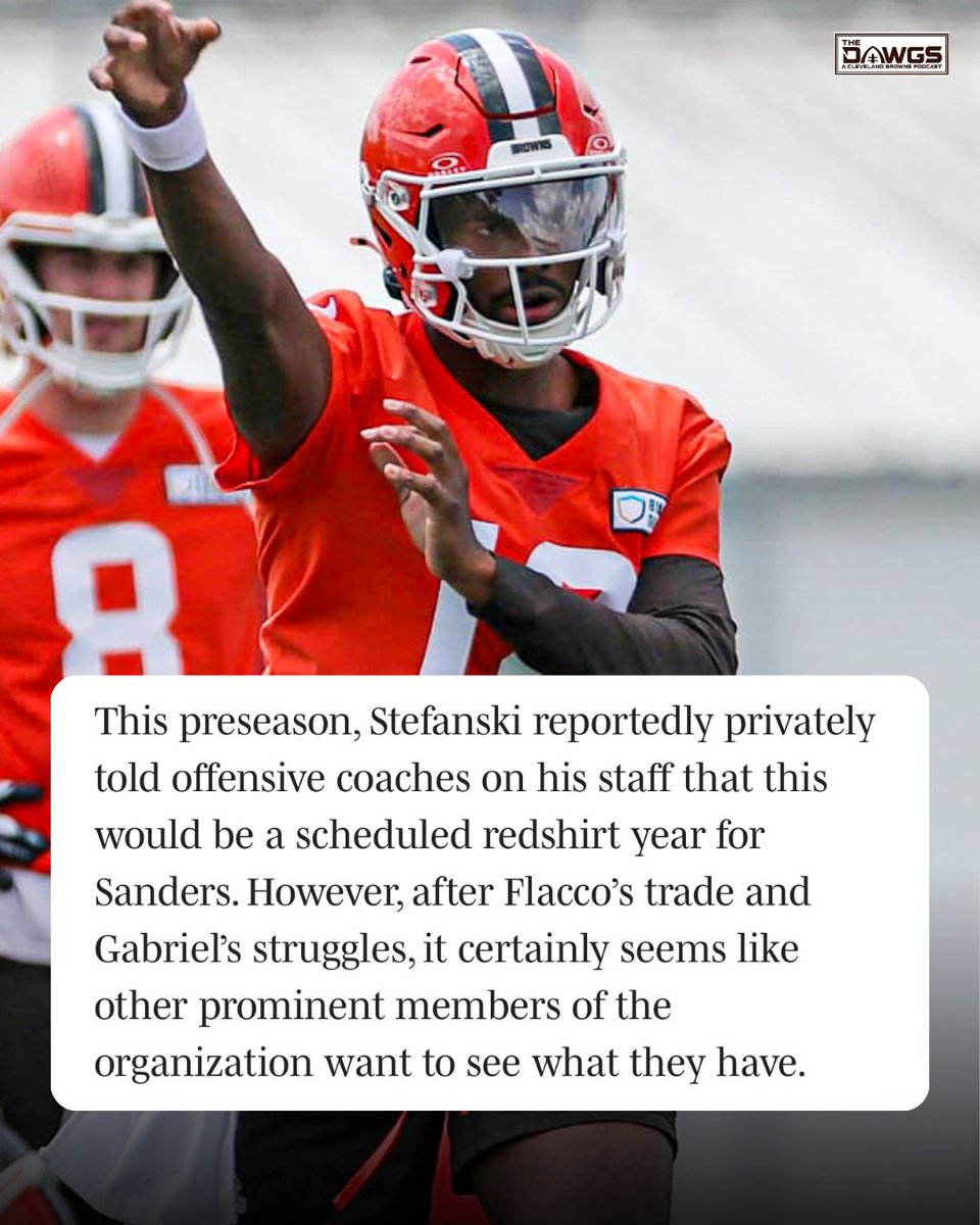 thedawgspodcast's tweet image. Per Albert Breer, Kevin Stefanski told his staff before the season that this would be a redshirt year for Shedeur Sanders. 

If this is true, it means three things. 

One, unless he got this official from the team, the Browns appear to have a leak. 

Two, the way the Browns have…