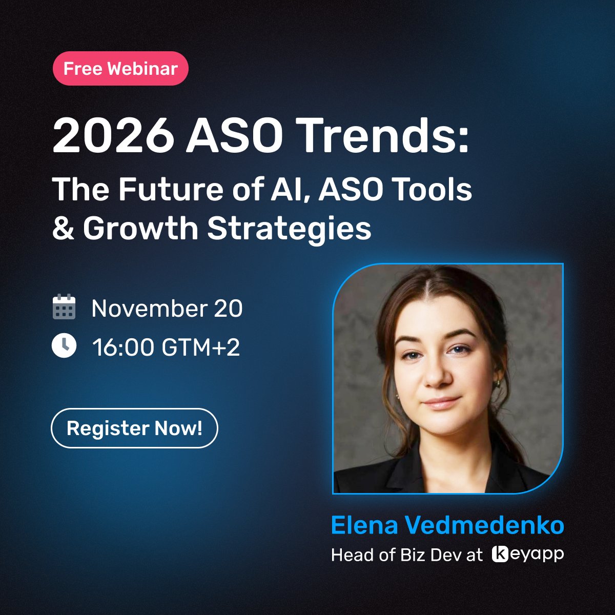 CKeyapp's tweet photo. ⏰ Last Call! Tomorrow is The Day!
It’s already Wednesday, and that means our "2026 ASO Trends: The Future of AI, ASO Tools &amp; Growth Strategies" webinar is happening TOMORROW, Thursday (November 20th)!
👉 All details and your FREE registration are here:  https://t.co/dJCdHrTMvj https://t.co/A7mN2Qj1LS