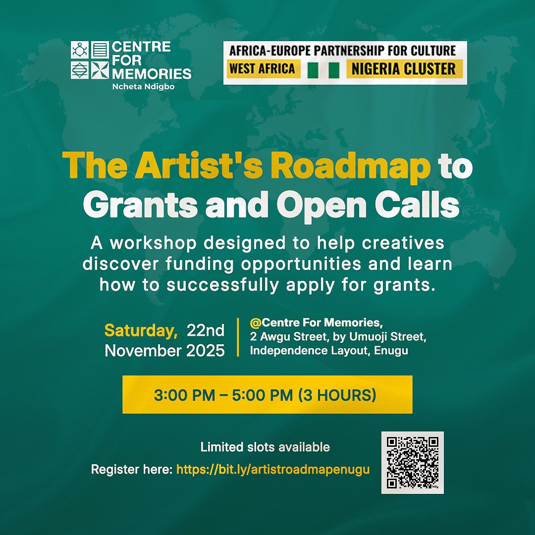 The Artist’s Roadmap to Grants &amp; Open Calls is almost at full capacity, and this is your final chance to be part of it. 

Register now via: bit.ly/artistroadmape… or by scanning the QR code on the event flyer.

This workshop is designed to help you navigate funding