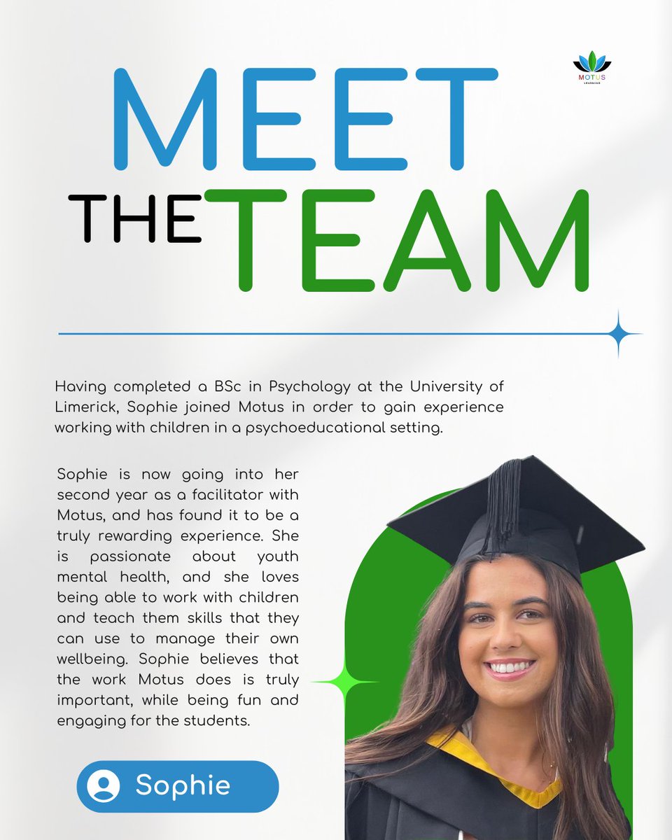 MotusL's tweet photo. Meet the team 👋🏼

Next up, we have Sophie!

Sophie is very passionate about youth mental health, and has found it incredibly rewarding being able to teach young children about how to manage and take care of their own wellbeing 🧠 https://t.co/fOz2bdrNXP