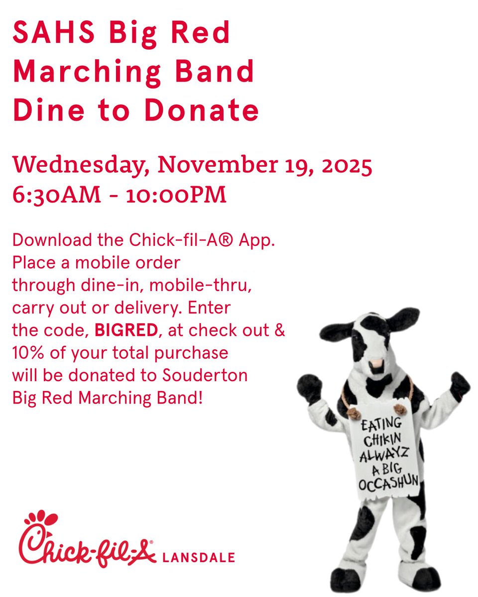 ALL DAY!  Order through the Chick-fil-A app, enter the code BIGRED at checkout, and enjoy!  Plenty of time to cook your poultry next week 🦃so let someone else do the cooking for you today! #SoudertonBigRedMarchingBand #EatMoreChikin