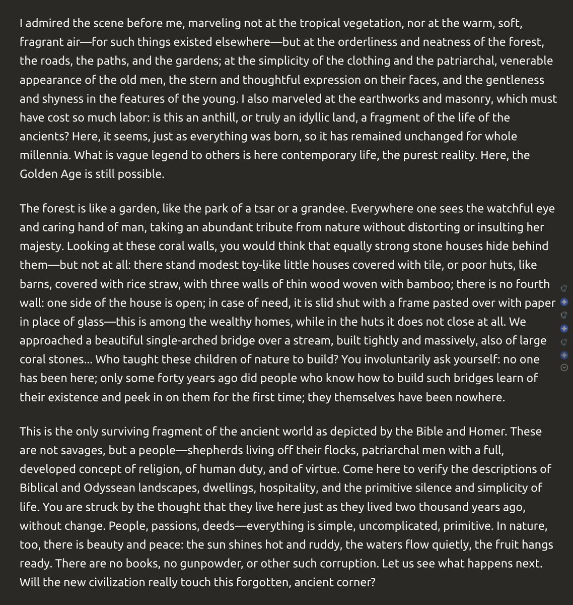 他对军事史感到困惑（把忽必烈汗和萨摩藩入侵混为一谈）。

他文笔很好。